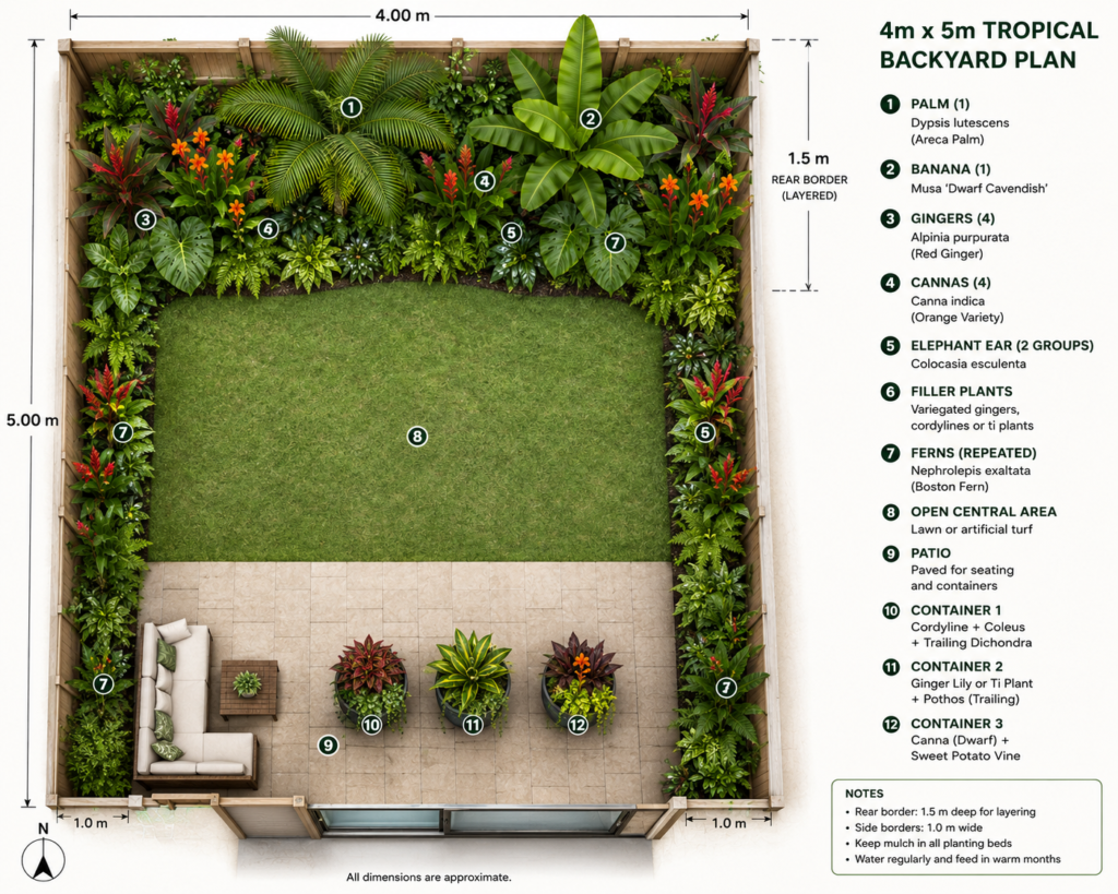 Tropical backyard layout.