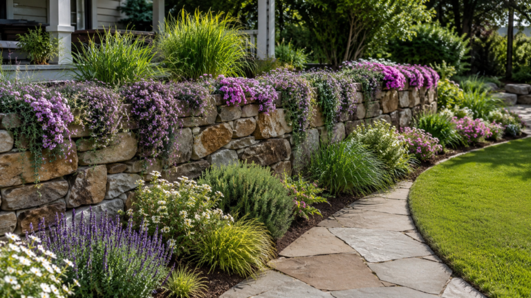 Backyard retaining wall planting ideas.