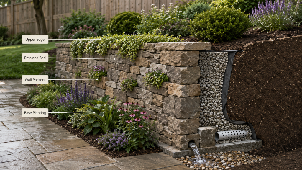 Retaining wall planting zones.