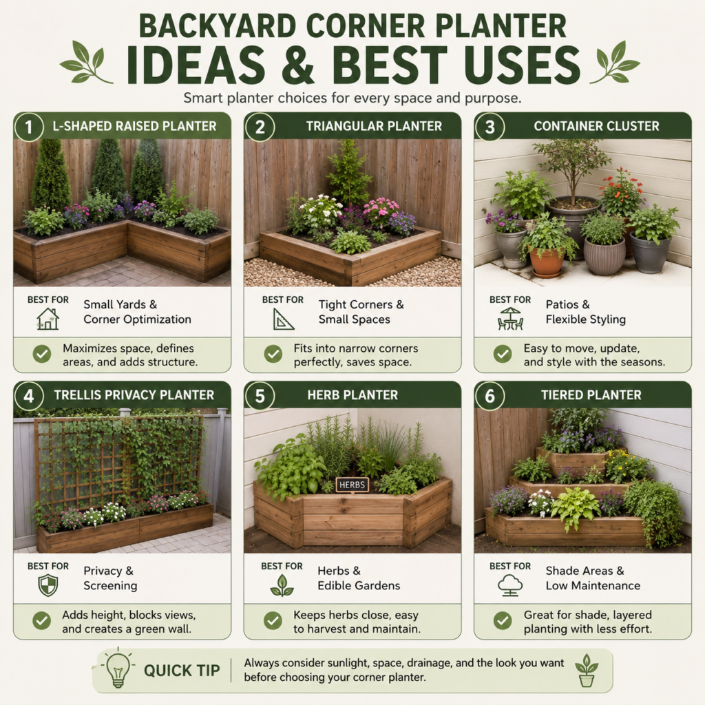 Backyard corner planter decision chart showing the best planter types for different yard needs.