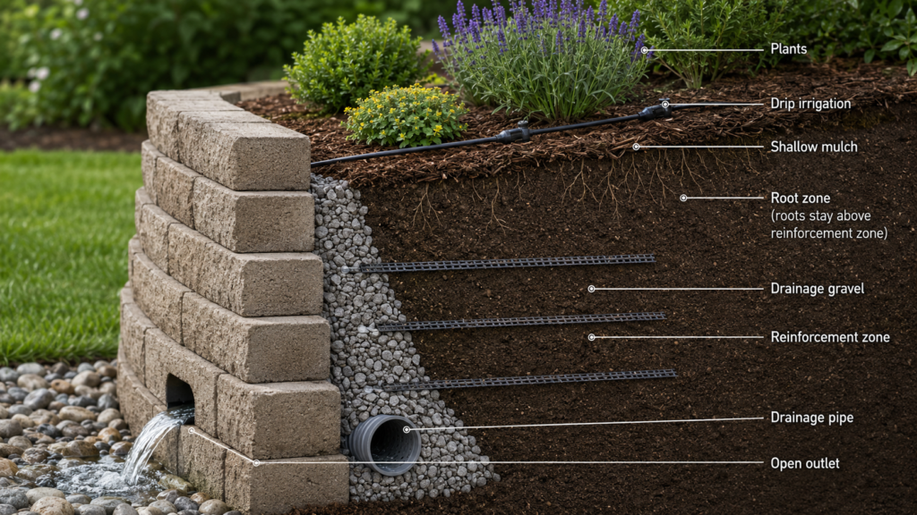 Retaining wall drainage.