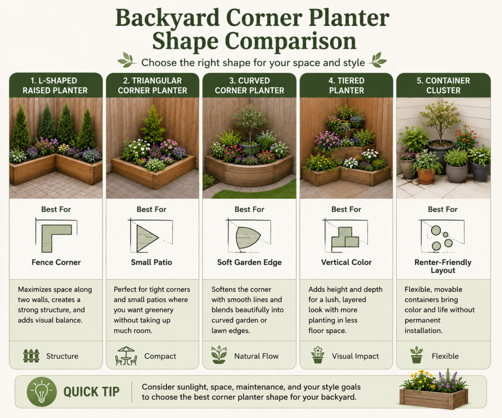 Diagram comparing L-shaped, triangular, curved, tiered, and container corner planters.