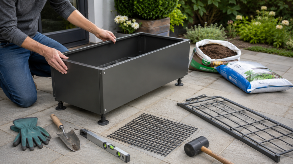 Installing metal planter.