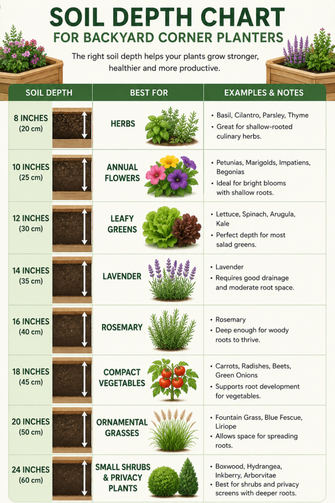 Soil depth chart for herbs, flowers, vegetables, shrubs, and privacy plants in corner planters.