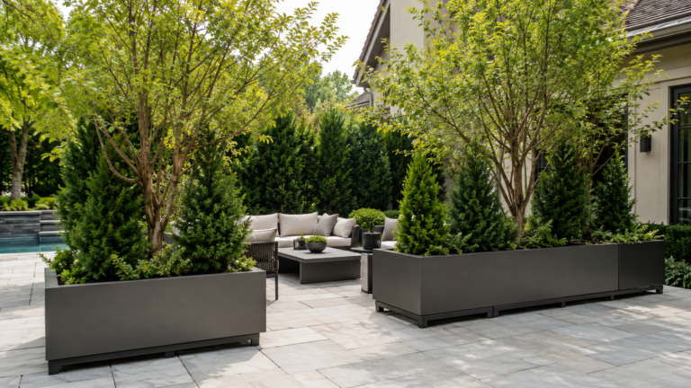 large backyard planter ideas for trees and privacy.