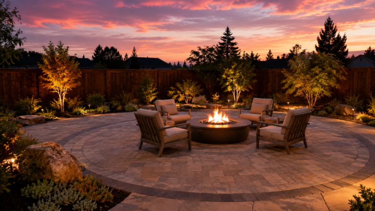 backyard fire pit landscaping ideas with safe plants.
