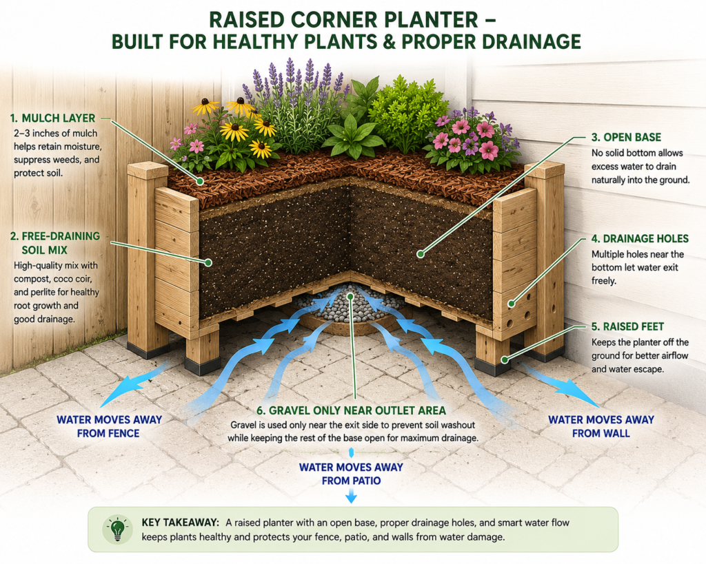 Backyard corner planter drainage diagram showing water escaping safely.