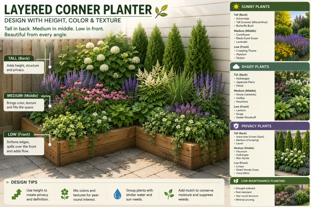 Layered backyard corner planter with tall, medium, and trailing plants.
