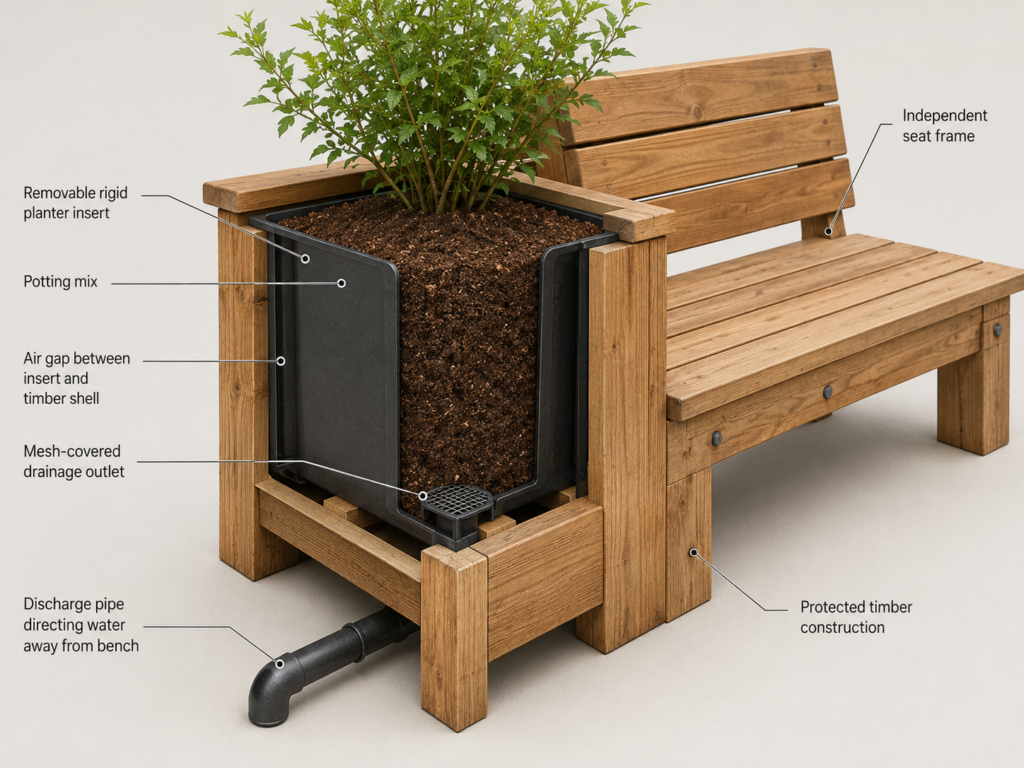 Planter bench drainage.
