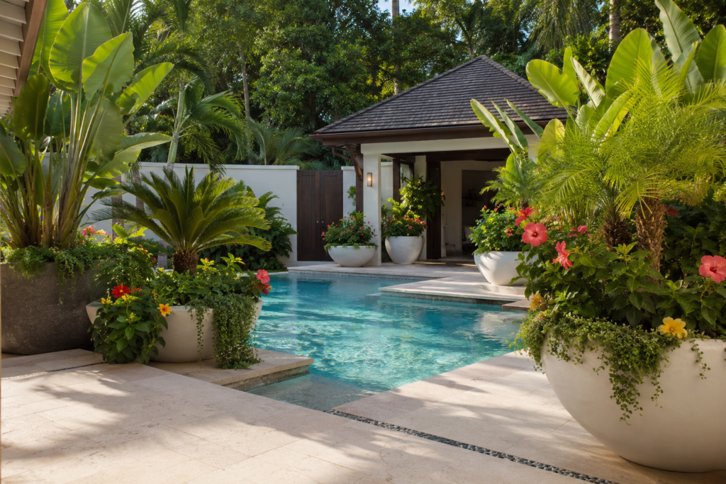 Tropical pool planters.
