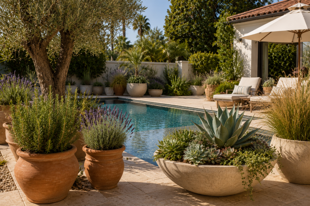 Mediterranean pool planters.