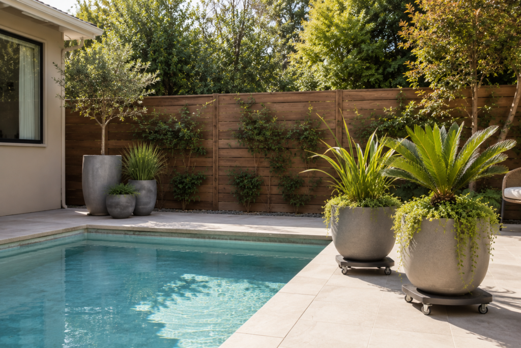 Small backyard pool planter ideas.