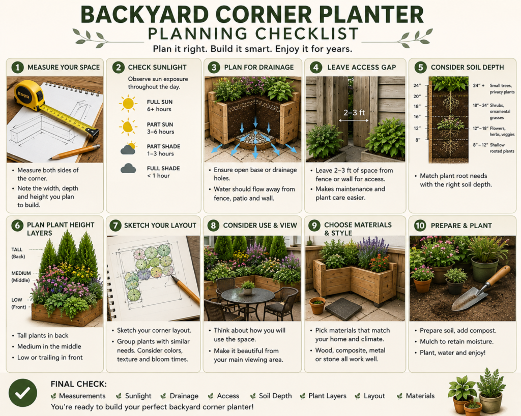 Backyard corner planter planning checklist with measurements, sunlight, drainage, and layout notes.