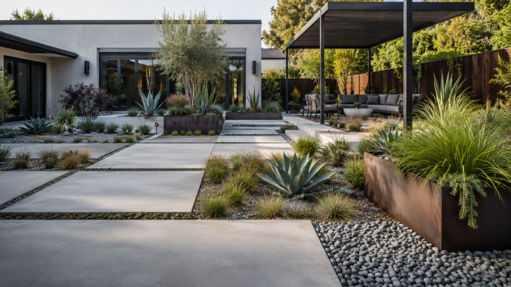 Modern grass-free xeriscape.