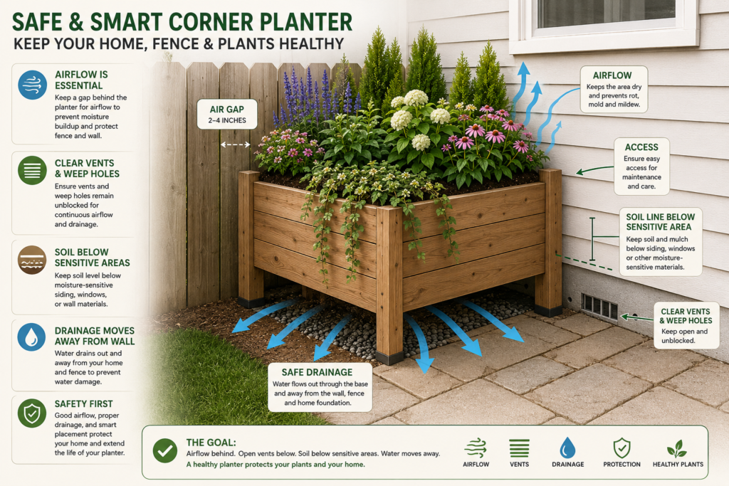Safety diagram showing a freestanding corner planter with air gap, drainage, and wall access.