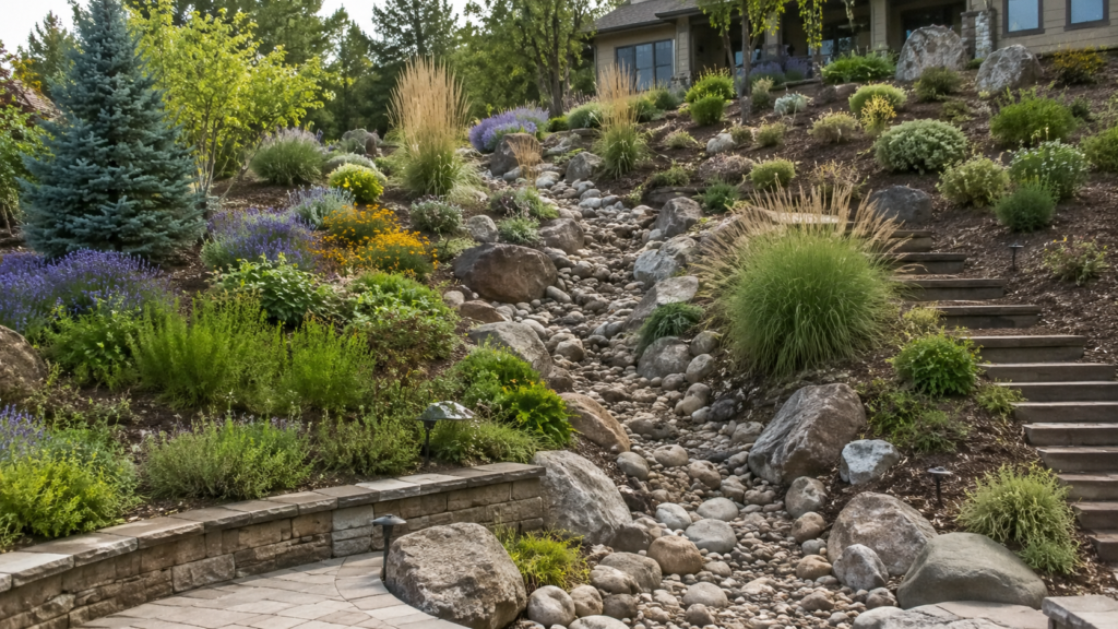 Sloped xeriscape garden.