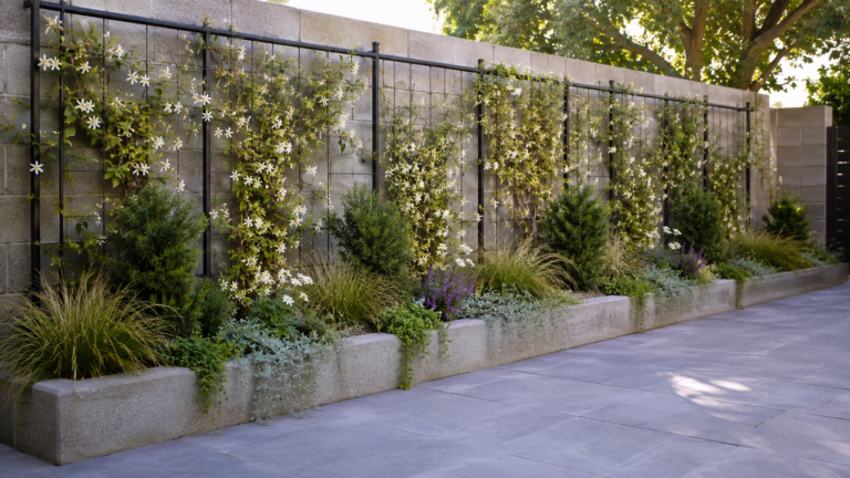 Backyard block wall plant ideas.