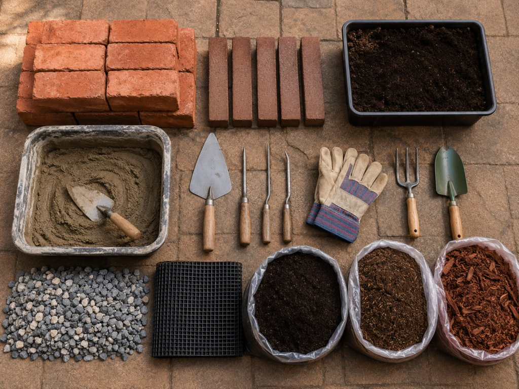 Materials needed for a brick planter.