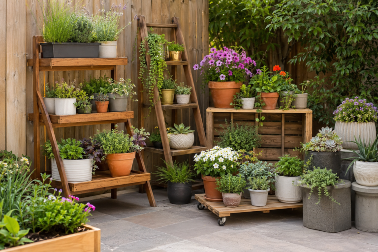 Backyard DIY outdoor plant stand ideas.