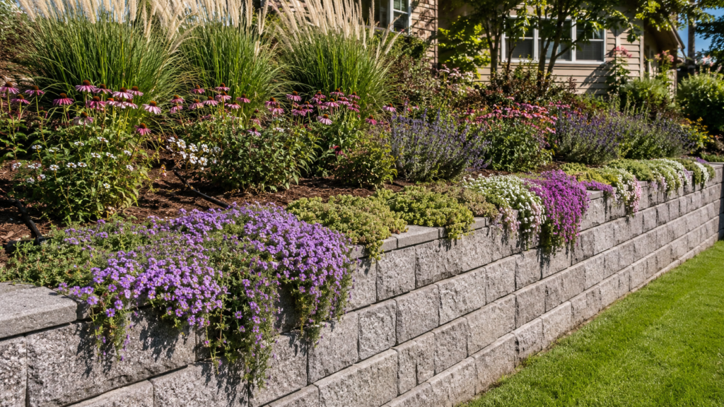 Cascading retaining wall plants.