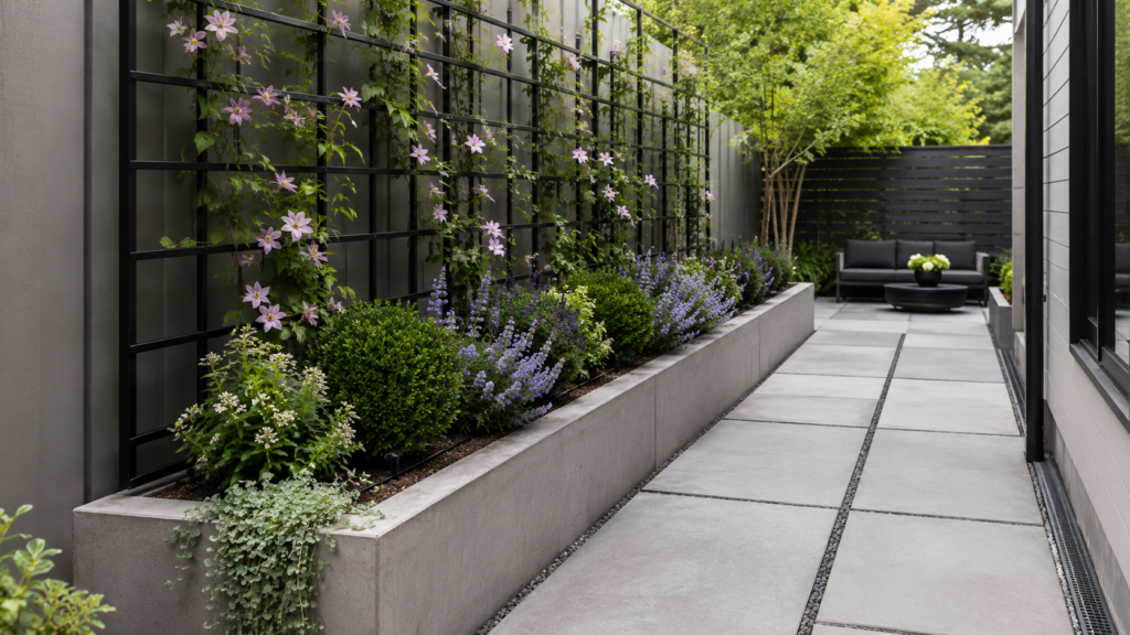 Planters beside block wall.