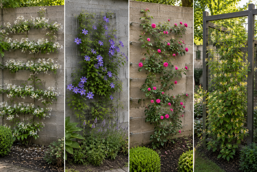 Climbers on wall trellises.
