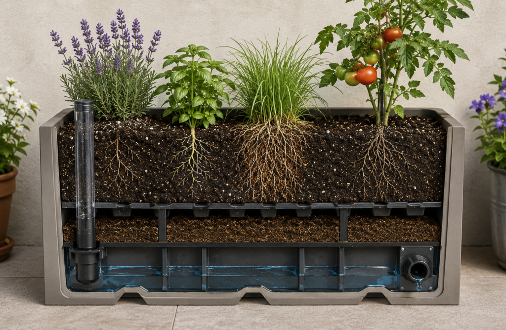 Self-watering planter cutaway.