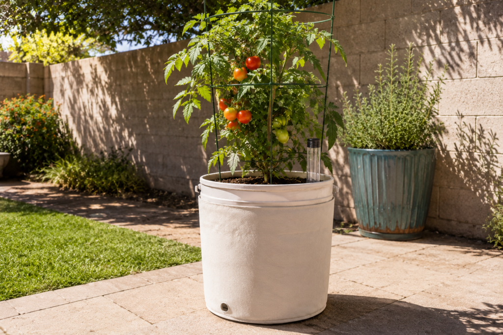 Bucket self-watering planter.
