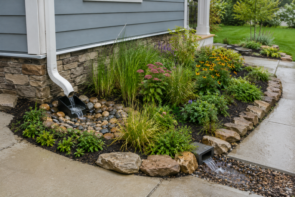 Downspout rain planter.