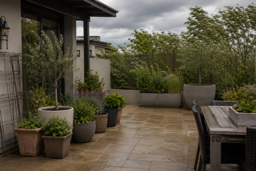 Planters prepared for wind.