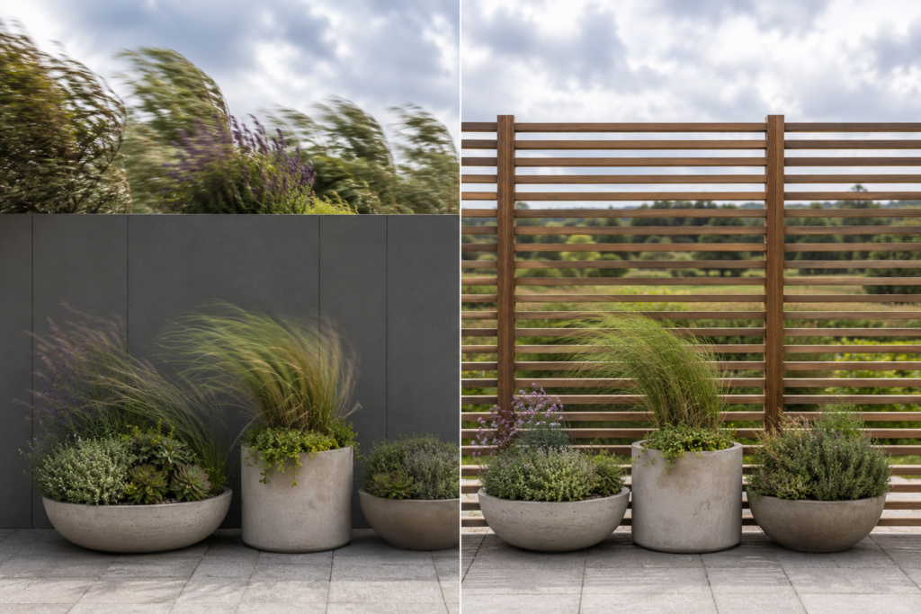 Permeable planter windbreak.
