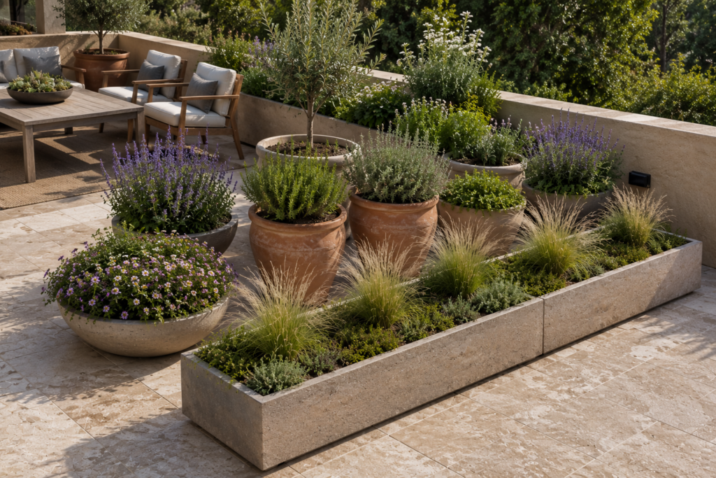 Planters for windy areas with low, stable containers.