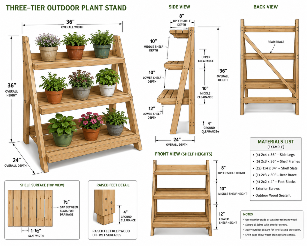Three-tier plant stand dimensions.
