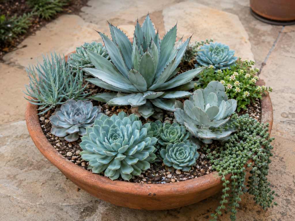 Compatible succulent arrangement.