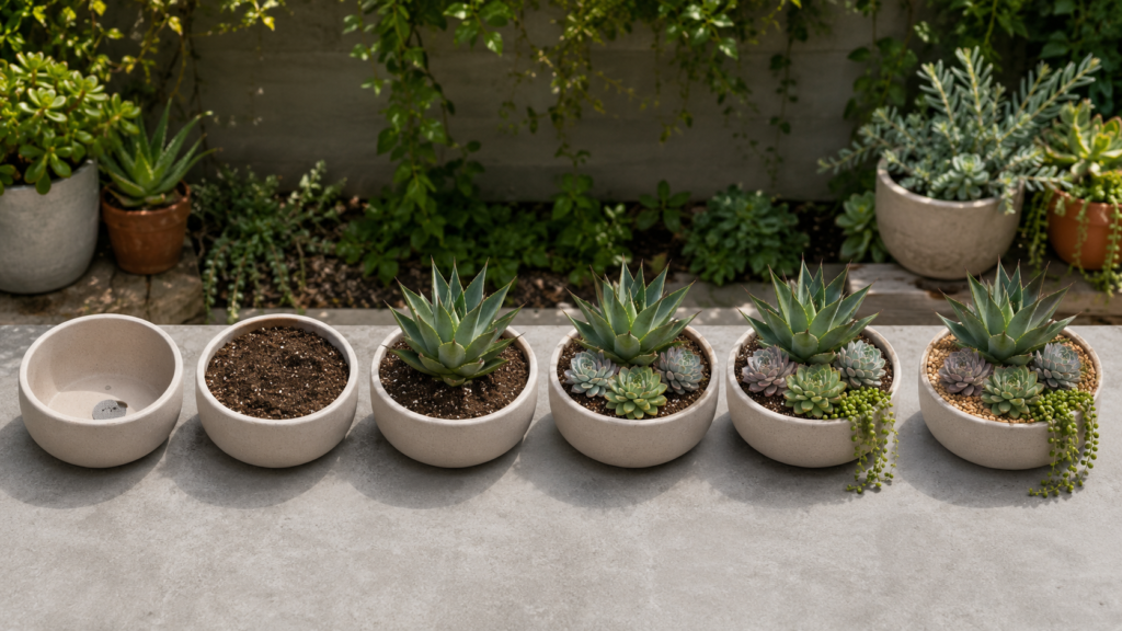 Planting a succulent planter.