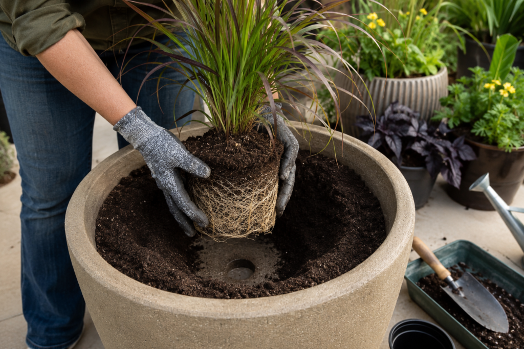 Planting grass in pot.