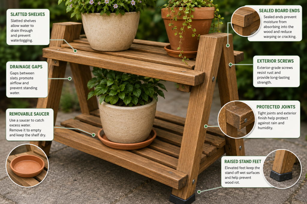 Wooden plant stand drainage.