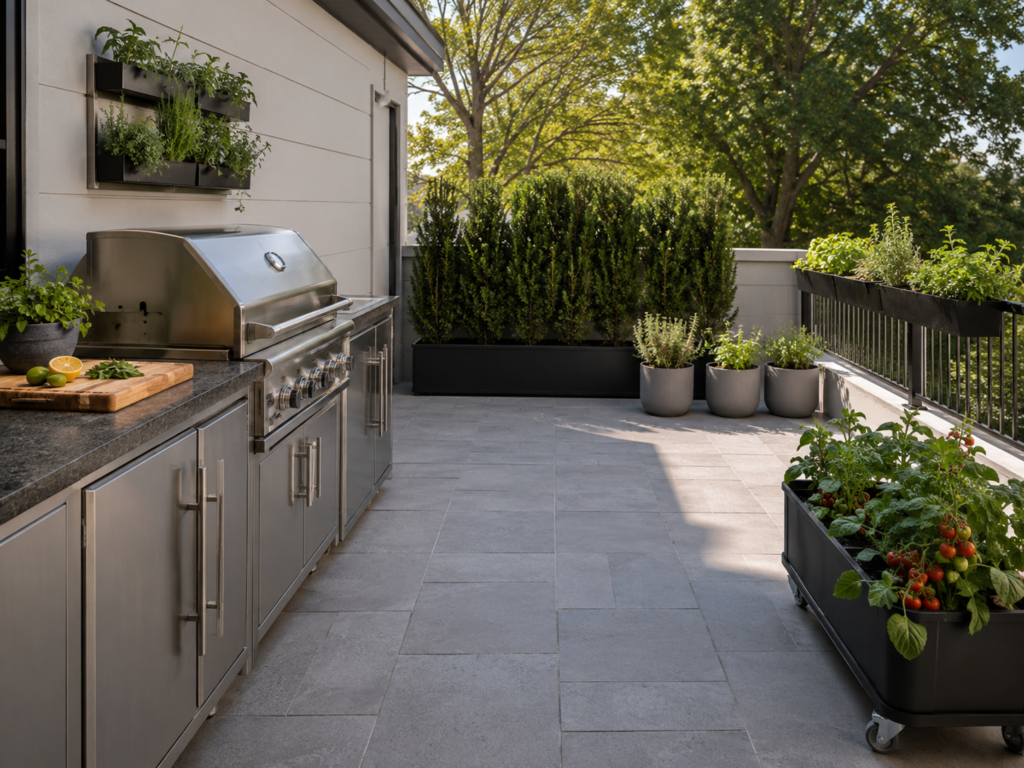 Small outdoor kitchen planter ideas.