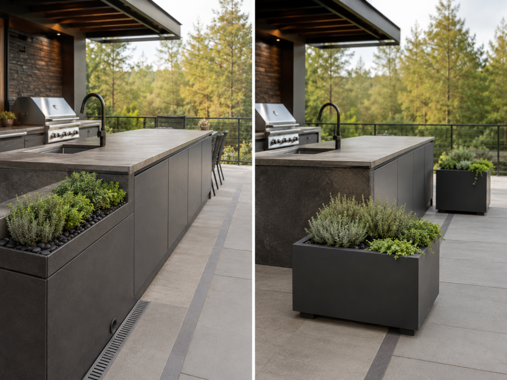 Built-in and freestanding planters.