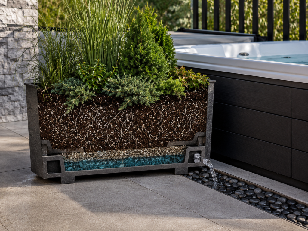 Hot tub planter drainage.