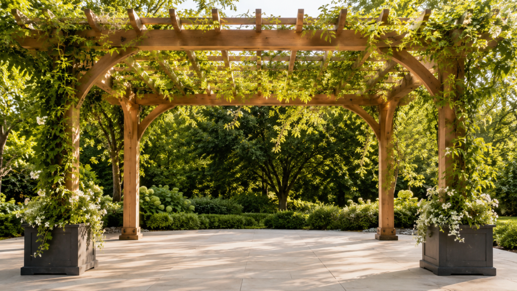 Pergola vines for shade.