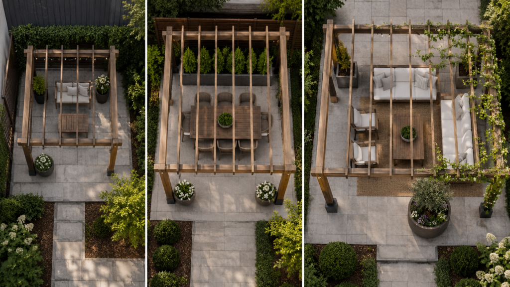 Pergola planter layouts.
