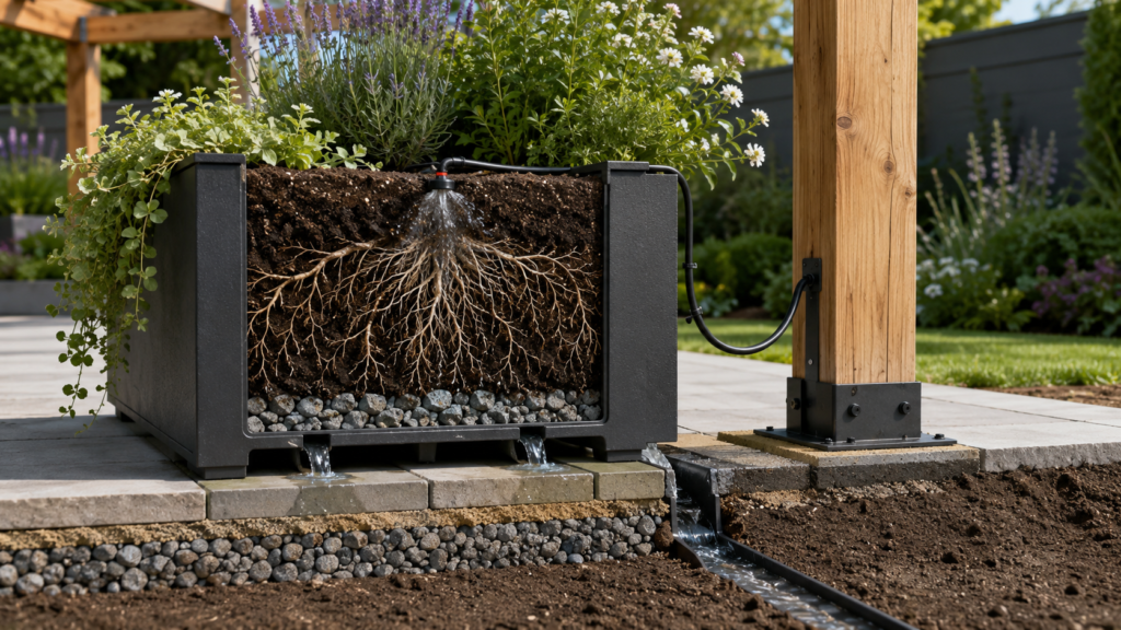 Pergola planter drainage cutaway.