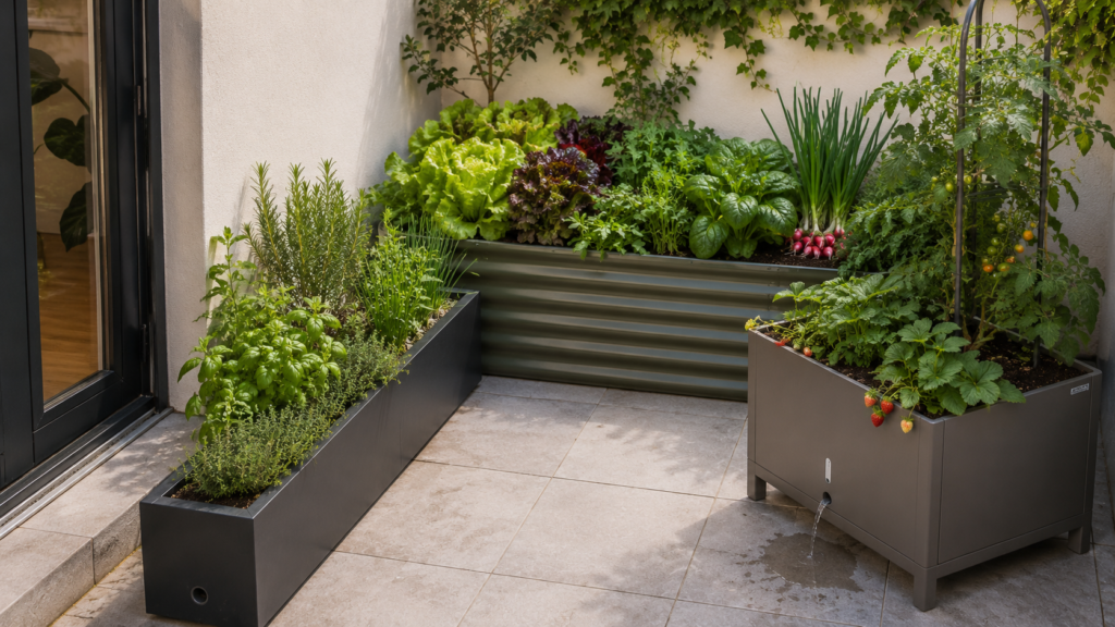 Productive courtyard planters.