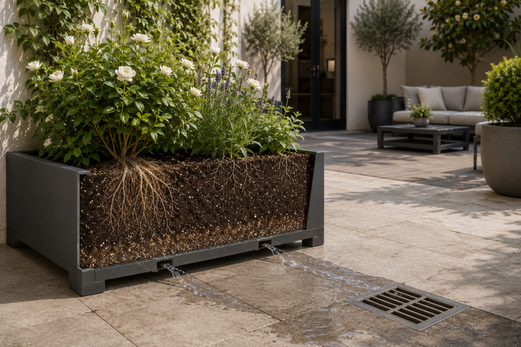 Courtyard planter drainage.