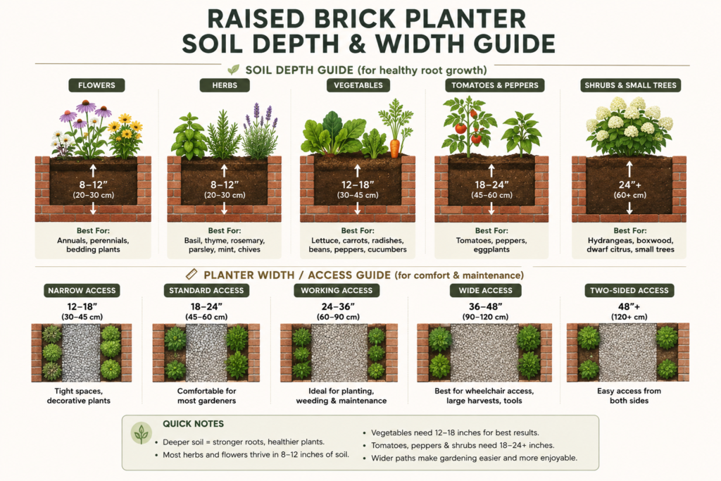 Brick planter depth and width guide.