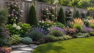 Layered shrubs, flowers, and climbers growing along a backyard fence.