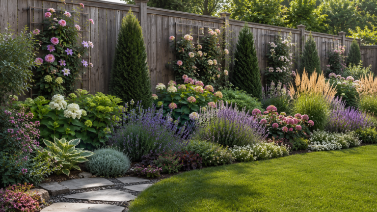 Layered shrubs, flowers, and climbers growing along a backyard fence.