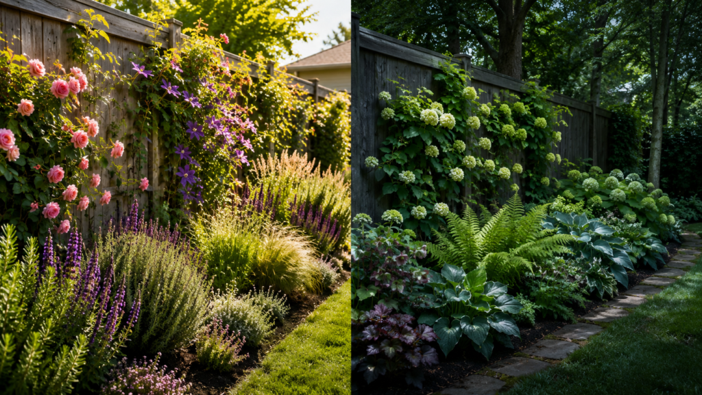 Sunny and shady fence plants.