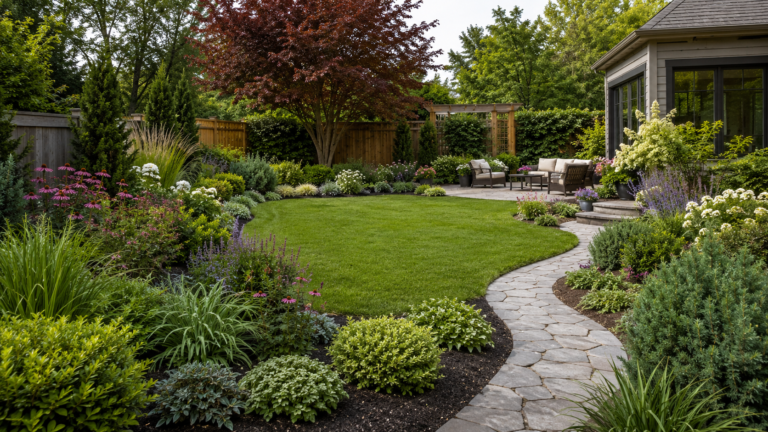 Balanced backyard plant ideas layout with lawn, patio, and layered borders.